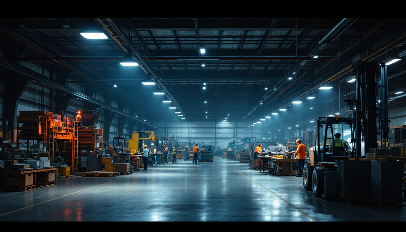 A photograph of a well-lit industrial space showcasing high bay led lights in action