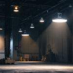 A photograph of a well-lit industrial space showcasing led ufo high bay lights in action