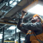 A photograph of a skilled lighting contractor installing or adjusting a high bay led light fixture in an industrial or commercial setting