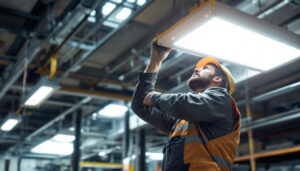 A photograph of a skilled lighting contractor installing or adjusting a high bay led light fixture in an industrial or commercial setting