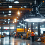 A photograph of a well-lit industrial space featuring a high bay led lamp in action