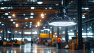 A photograph of a well-lit industrial space featuring a high bay led lamp in action