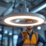 A photograph of a modern led ufo-style light fixture in a well-lit