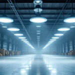 A photograph of a well-lit industrial space featuring ufo high bay lights in action