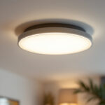 A photograph of a stylish flush mount ceiling light installed in a modern interior setting