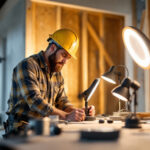 A photograph of a lighting contractor working on a project