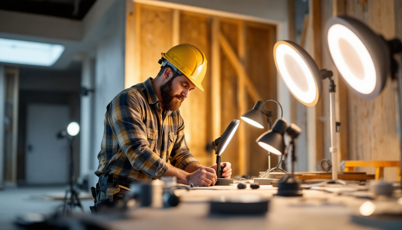 A photograph of a lighting contractor working on a project
