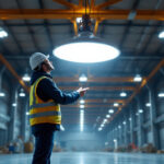 A photograph of a lighting contractor inspecting a highbay led light installation in a large industrial space