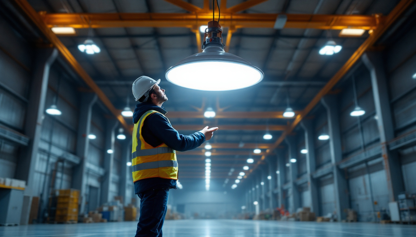 A photograph of a lighting contractor inspecting a highbay led light installation in a large industrial space