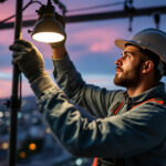 A photograph of a skilled lighting contractor expertly installing or adjusting sophisticated lighting fixtures in a vibrant urban setting