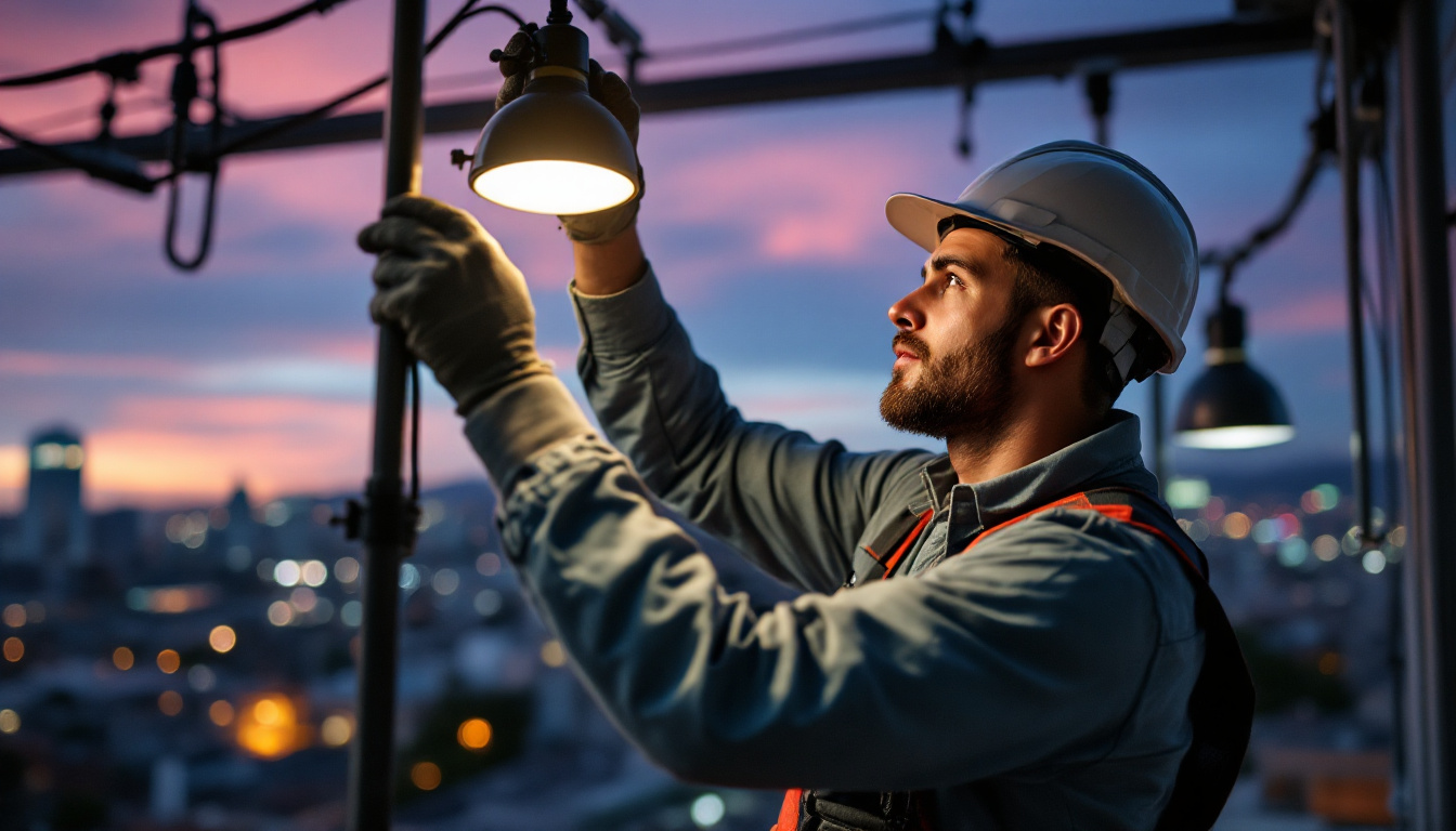 A photograph of a skilled lighting contractor expertly installing or adjusting sophisticated lighting fixtures in a vibrant urban setting