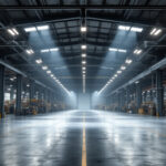 A photograph of a spacious industrial workspace illuminated by high bay shop lights