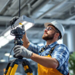 A photograph of a lighting contractor installing led bay lights in a commercial space