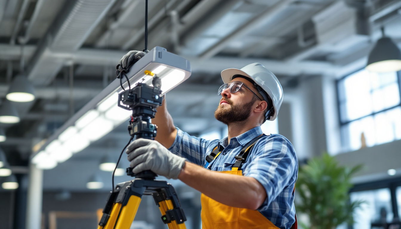 A photograph of a lighting contractor installing led bay lights in a commercial space
