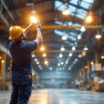 A photograph of a lighting contractor installing highbay lights in a spacious industrial setting