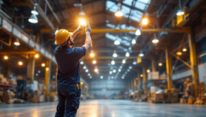 A photograph of a lighting contractor installing highbay lights in a spacious industrial setting