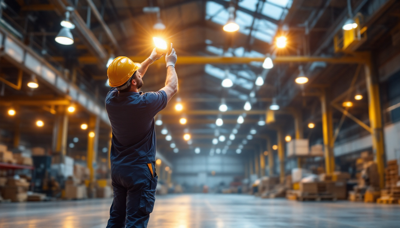 A photograph of a lighting contractor installing highbay lights in a spacious industrial setting