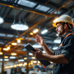 A photograph of a well-lit industrial space featuring high bay led light fixtures in action