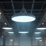 A photograph of a well-lit industrial space showcasing various high bay light fixtures in use