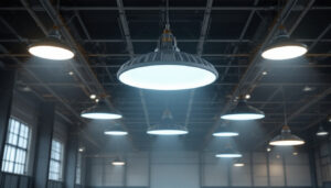 A photograph of a well-lit industrial space showcasing various high bay light fixtures in use