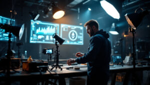 A photograph of a lighting contractor at work