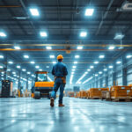 A photograph of a well-lit industrial space showcasing high bay led lights in action