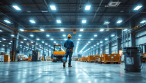 A photograph of a well-lit industrial space showcasing high bay led lights in action