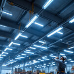A photograph of a well-lit industrial space showcasing led linear high bay lights in action