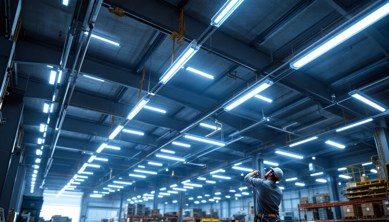 A photograph of a well-lit industrial space showcasing led linear high bay lights in action