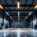 A photograph of a modern industrial space illuminated by sleek linear high bay lights