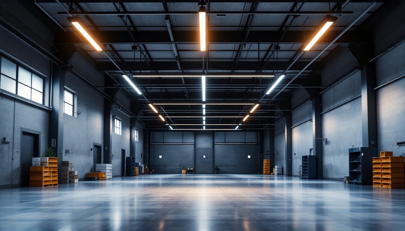 A photograph of a modern industrial space illuminated by sleek linear high bay lights