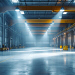A photograph of a brightly lit industrial space featuring high bay fixtures in action