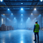 A photograph of a well-lit industrial space showcasing high bay led lights in action