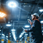 A photograph of a well-lit industrial space showcasing led high bay lights in action
