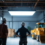 A photograph of a well-lit industrial space showcasing dimmable high bay lighting in action