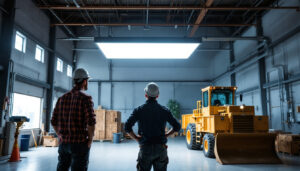 A photograph of a well-lit industrial space showcasing dimmable high bay lighting in action