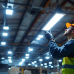 A photograph of a well-lit industrial or commercial space showcasing the 100w led high bay lights in use