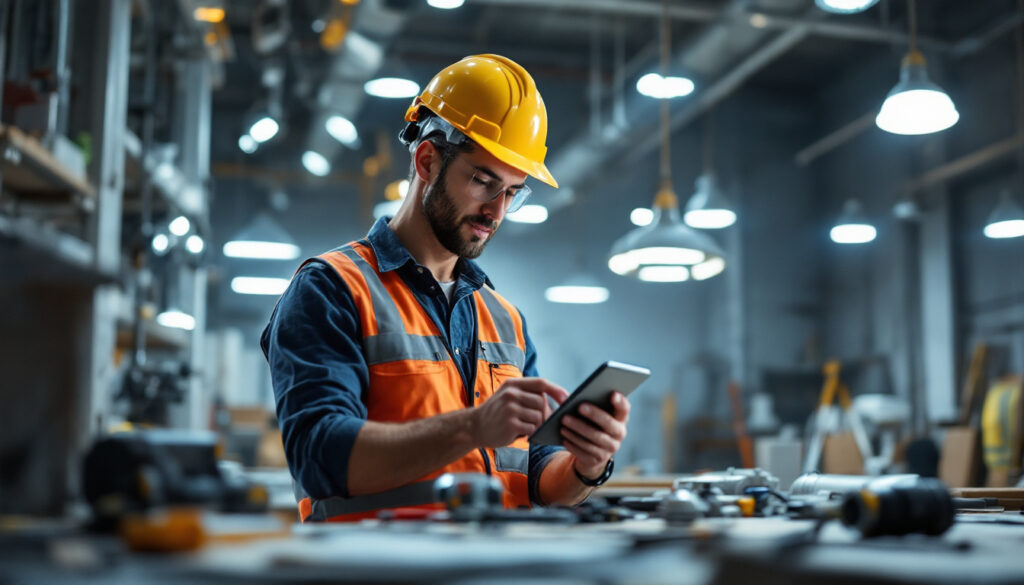 A photograph of a lighting contractor using a high bay lighting calculator on a job site