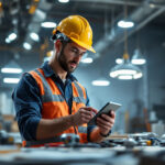 A photograph of a lighting contractor using a high bay lighting calculator on a job site