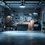 A photograph of a well-lit garage interior showcasing various lighting fixtures and a contractor using a layout calculator