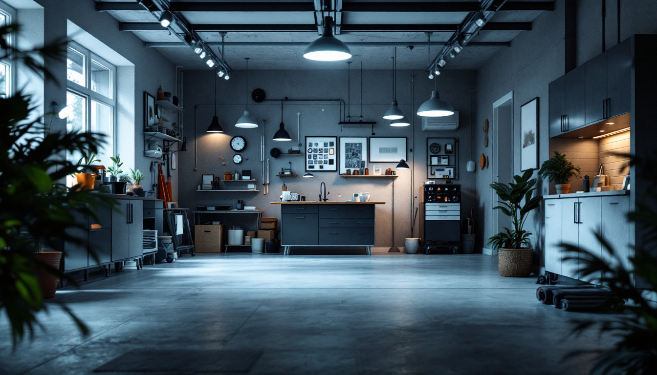 A photograph of a well-lit garage interior showcasing various lighting fixtures and a contractor using a layout calculator