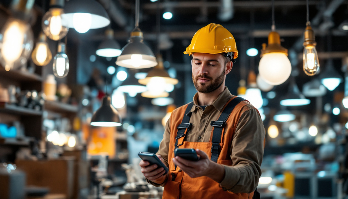 A photograph of a lighting contractor assessing a retail space