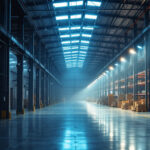 A photograph of a well-lit warehouse interior showcasing various lighting solutions in action