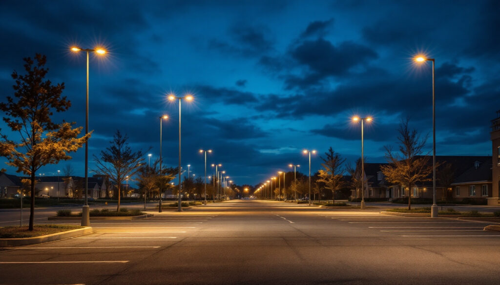 A photograph of a well-lit parking lot at dusk