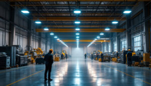 A photograph of a well-lit industrial space featuring high bay lighting fixtures