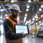 A photograph of a lighting contractor using a high bay lighting layout tool in a spacious industrial setting