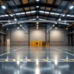 A photograph of a spacious industrial warehouse or commercial space featuring high bay lights installed