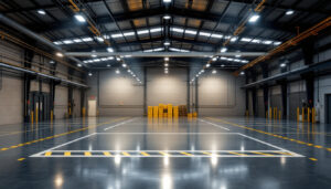 A photograph of a spacious industrial warehouse or commercial space featuring high bay lights installed