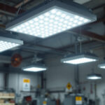 A photograph of a well-designed high bay lighting setup in an industrial or commercial space