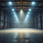 A photograph of a well-lit industrial space showcasing high bay lights in action